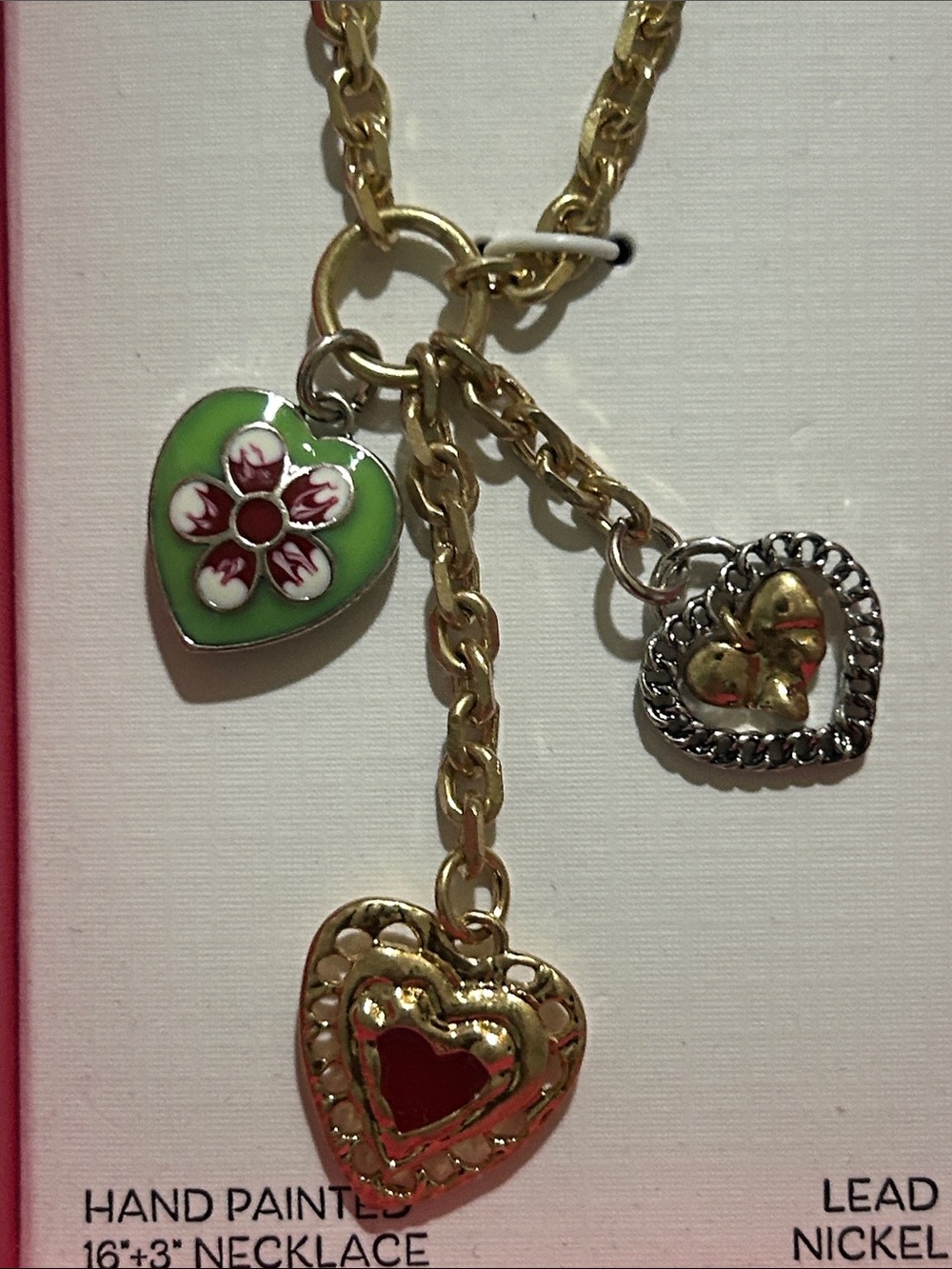 Piper Gold-Tone Chain Necklace with Green, Red and Silver Heart Charms